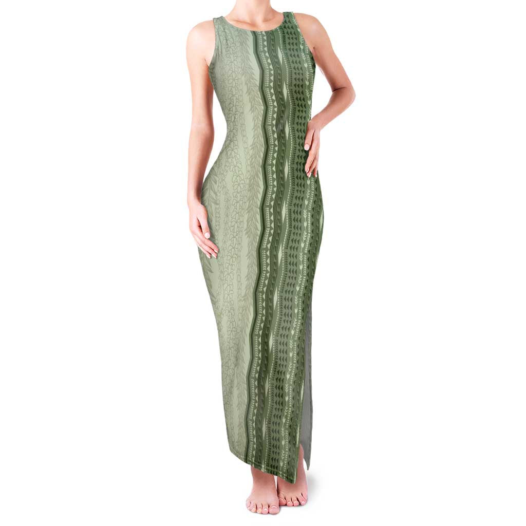 Vintage Sage Green Hawaiian Traditional Kapa Mix Flowers Lei Family Matching Tank Maxi Dress and Hawaiian Shirt LT7 Mom's Dress Sage Green - Polynesian Pride
