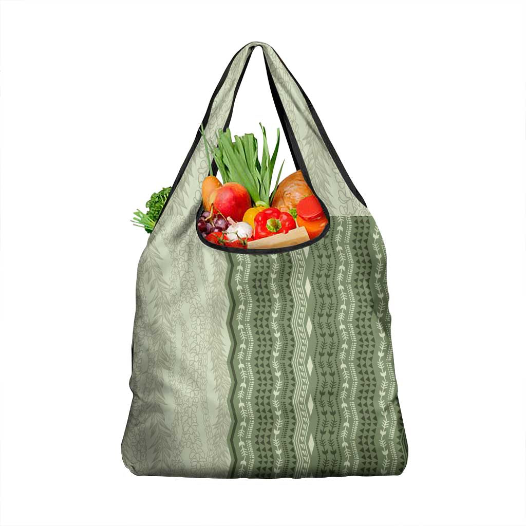 Vintage Sage Green Hawaiian Traditional Kapa Mix Flowers Lei Grocery Bag