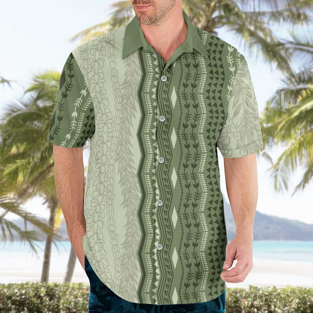 Vintage Sage Green Hawaiian Traditional Kapa Mix Flowers Lei Hawaiian Shirt
