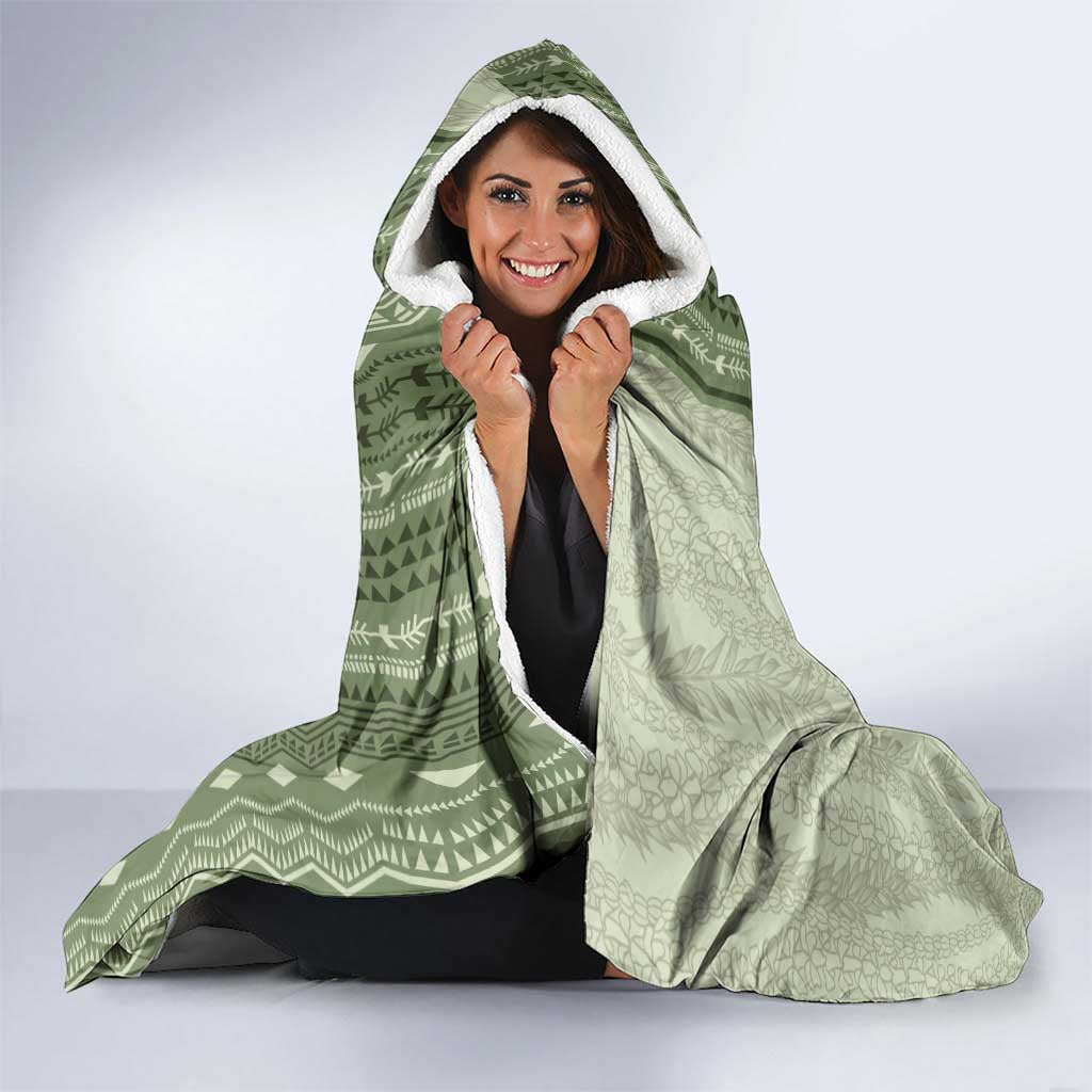 Vintage Sage Green Hawaiian Traditional Kapa Mix Flowers Lei Hooded Blanket
