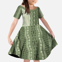 Vintage Sage Green Hawaiian Traditional Kapa Mix Flowers Lei Kid Short Sleeve Dress