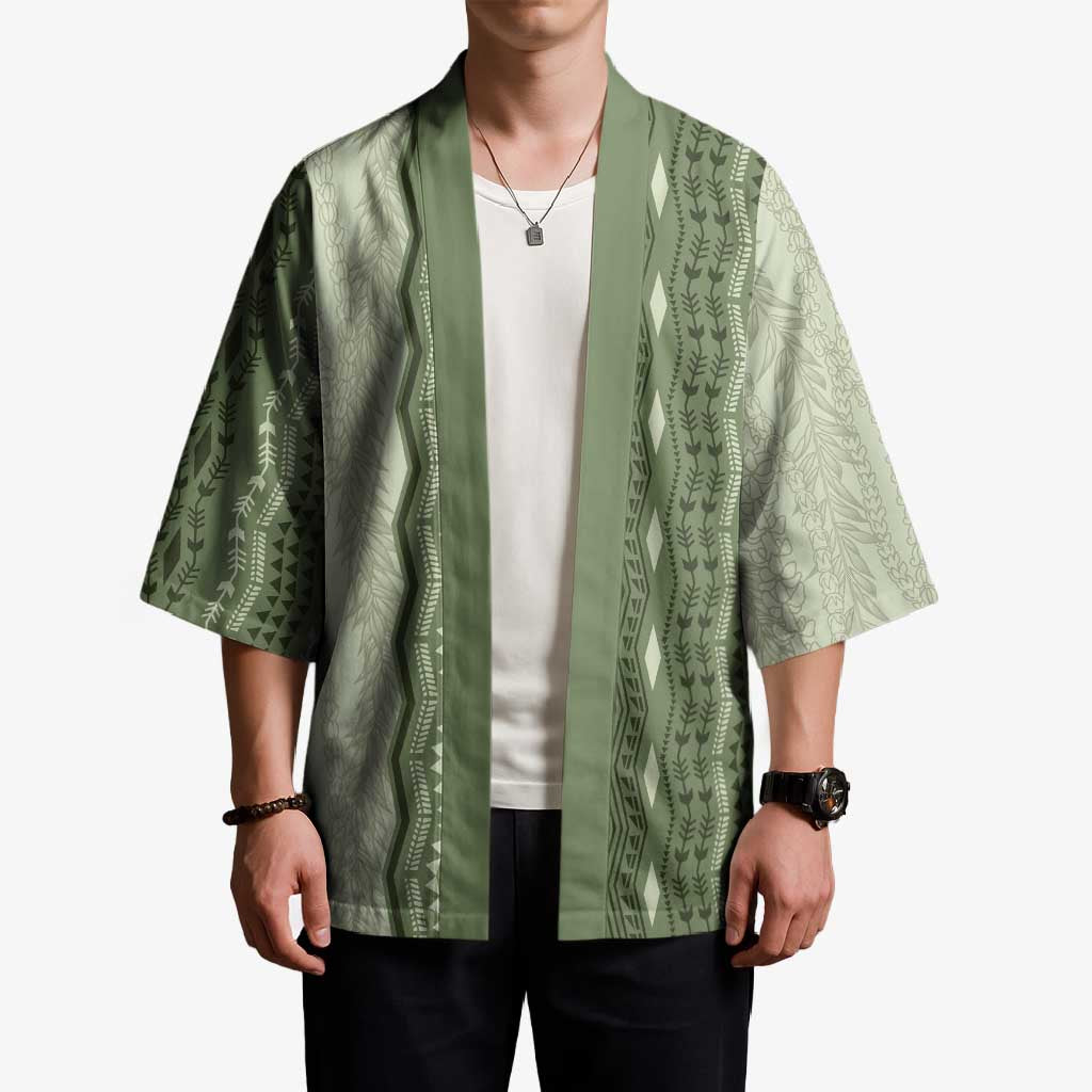 Vintage Sage Green Hawaiian Traditional Kapa Mix Flowers Lei Kimono