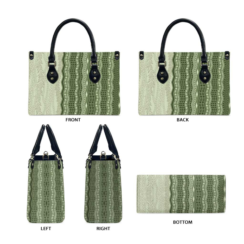 Vintage Sage Green Hawaiian Traditional Kapa Mix Flowers Lei Leather Bag