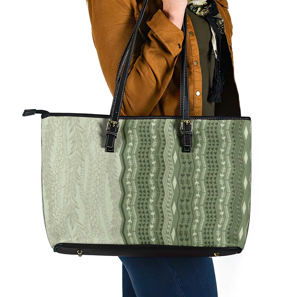 Vintage Sage Green Hawaiian Traditional Kapa Mix Flowers Lei Leather Tote Bag