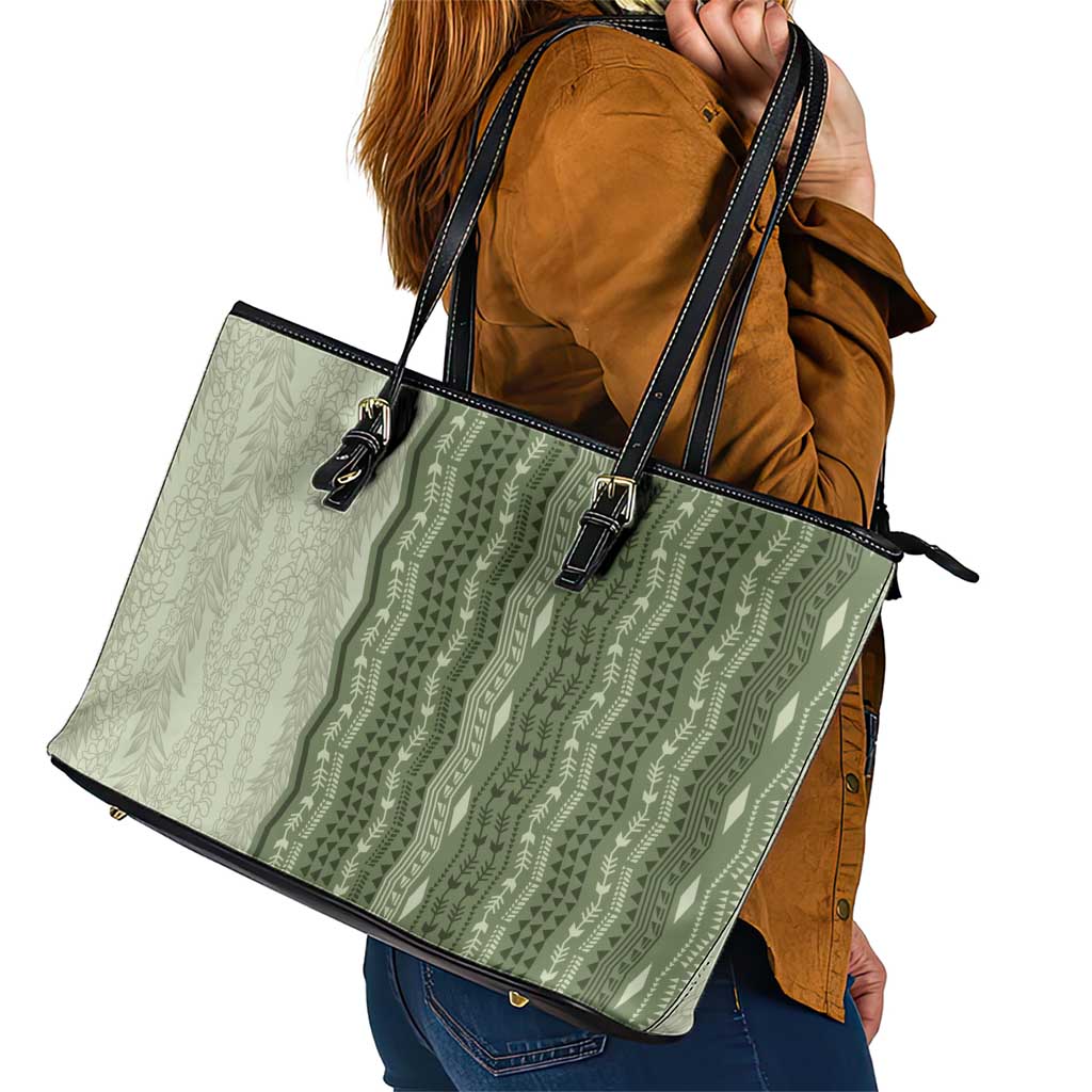 Vintage Sage Green Hawaiian Traditional Kapa Mix Flowers Lei Leather Tote Bag