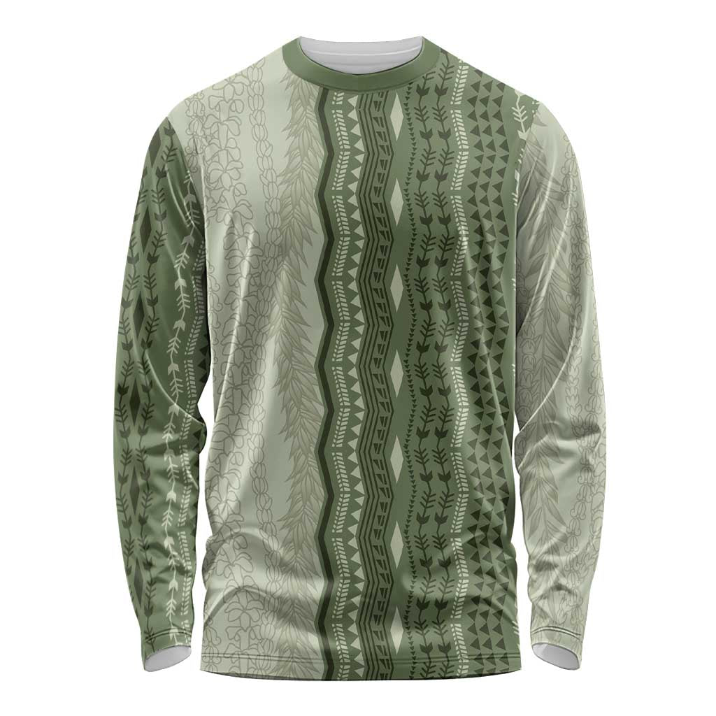 Vintage Sage Green Hawaiian Traditional Kapa Mix Flowers Lei Long Sleeve Shirt