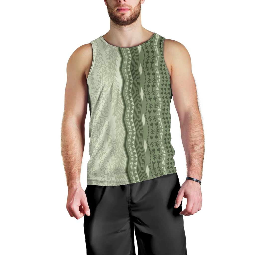 Vintage Sage Green Hawaiian Traditional Kapa Mix Flowers Lei Men Tank Top