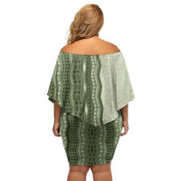 Vintage Sage Green Hawaiian Traditional Kapa Mix Flowers Lei Off Shoulder Short Dress