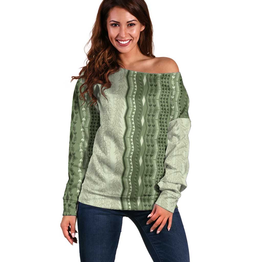 Vintage Sage Green Hawaiian Traditional Kapa Mix Flowers Lei Off Shoulder Sweater
