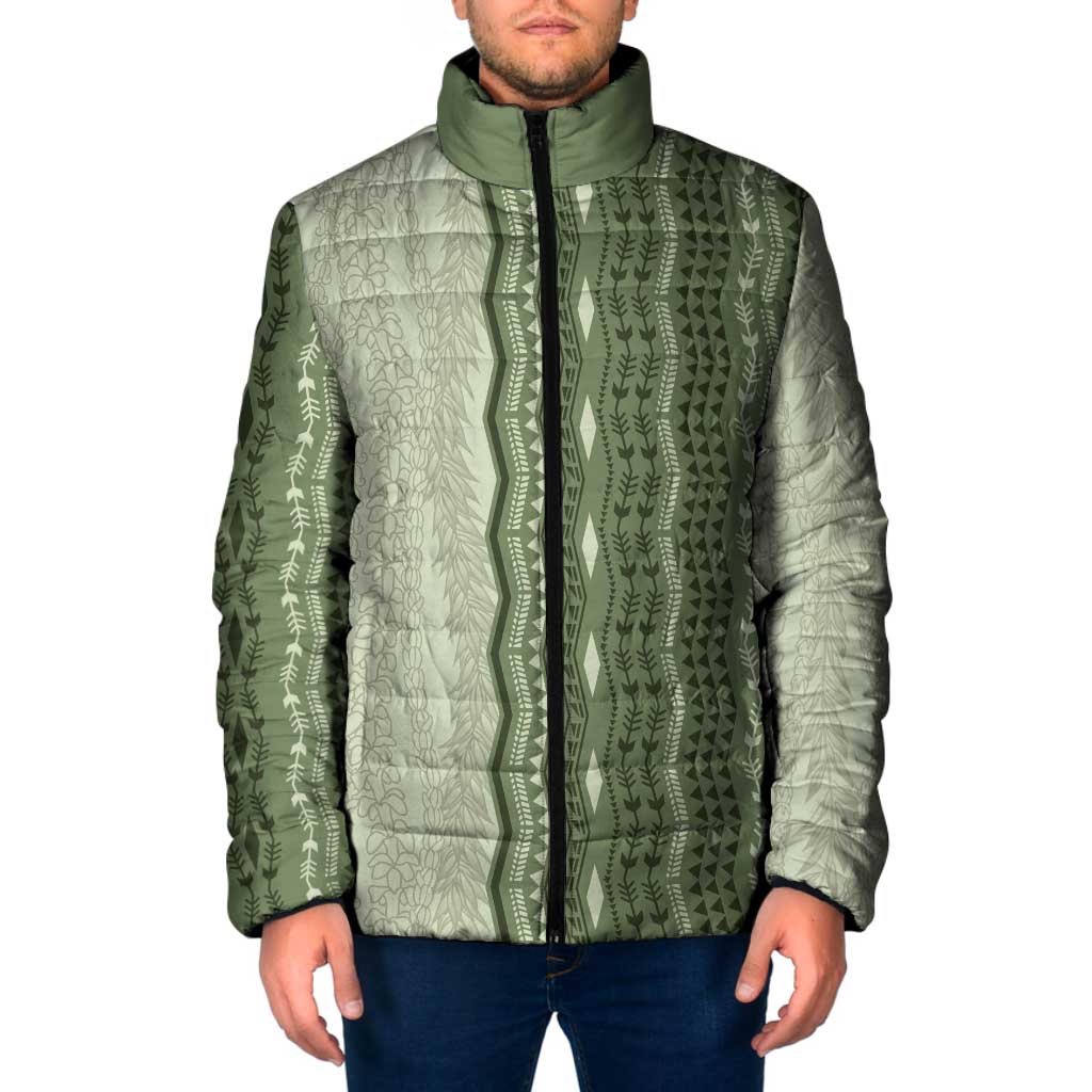 Vintage Sage Green Hawaiian Traditional Kapa Mix Flowers Lei Padded Jacket