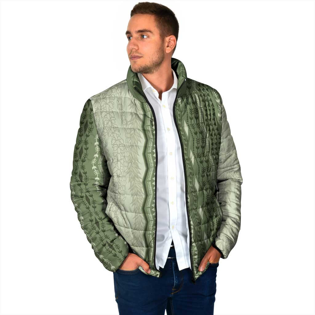 Vintage Sage Green Hawaiian Traditional Kapa Mix Flowers Lei Padded Jacket