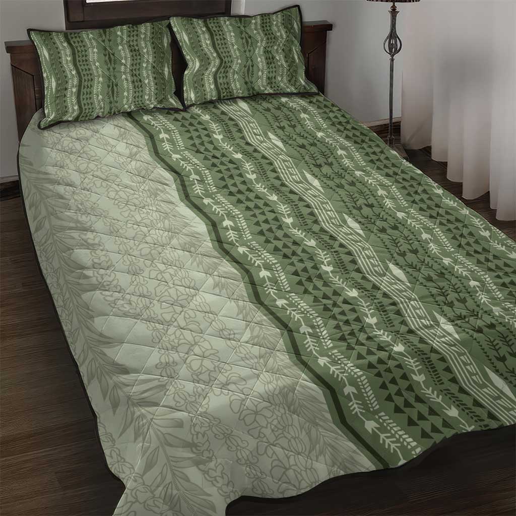 Vintage Sage Green Hawaiian Traditional Kapa Mix Flowers Lei Quilt Bed Set