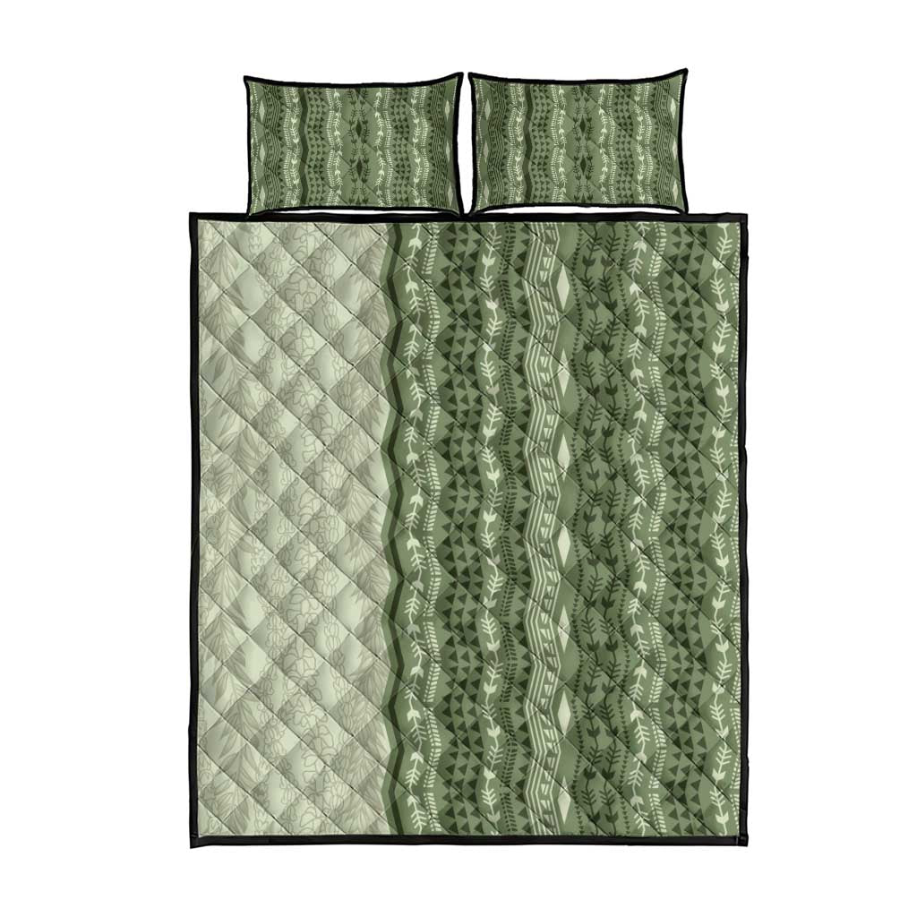 Vintage Sage Green Hawaiian Traditional Kapa Mix Flowers Lei Quilt Bed Set