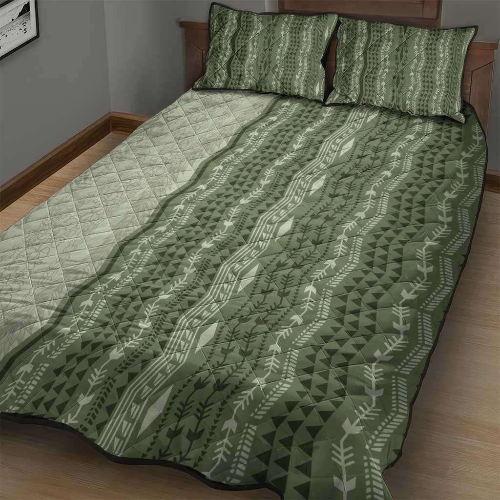 Vintage Sage Green Hawaiian Traditional Kapa Mix Flowers Lei Quilt Bed Set