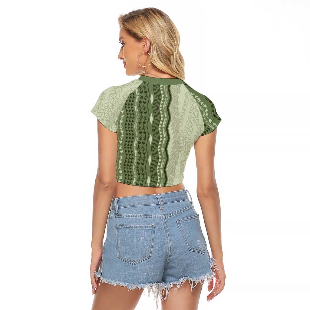 Vintage Sage Green Hawaiian Traditional Kapa Mix Flowers Lei Raglan Cropped T Shirt