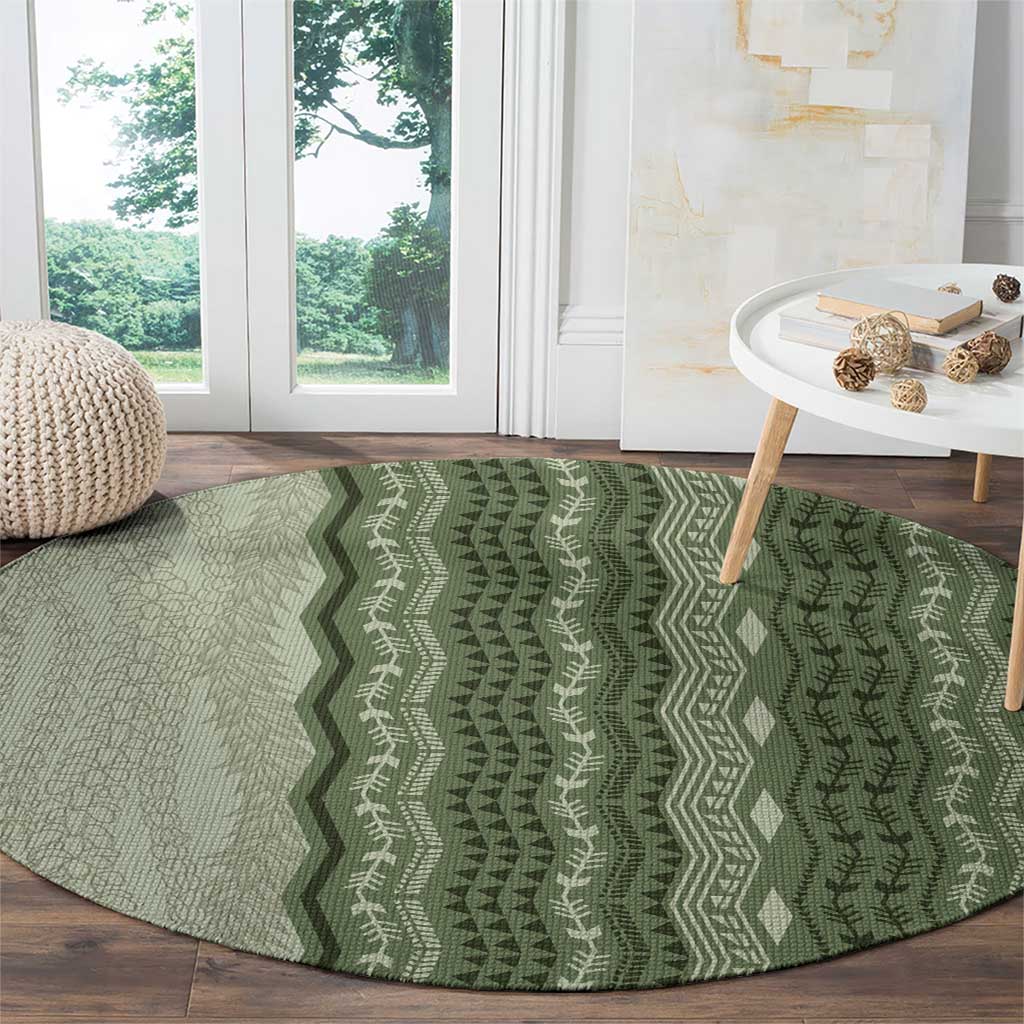 Vintage Sage Green Hawaiian Traditional Kapa Mix Flowers Lei Round Carpet