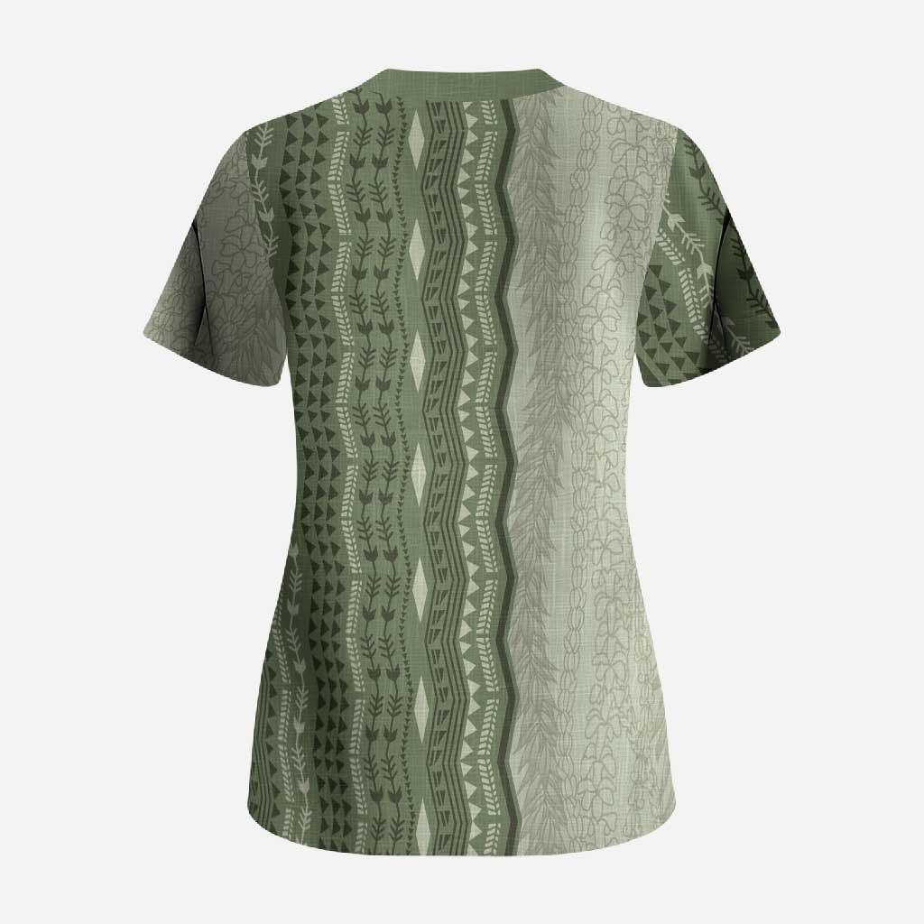 Vintage Sage Green Hawaiian Traditional Kapa Mix Flowers Lei Scrub Top