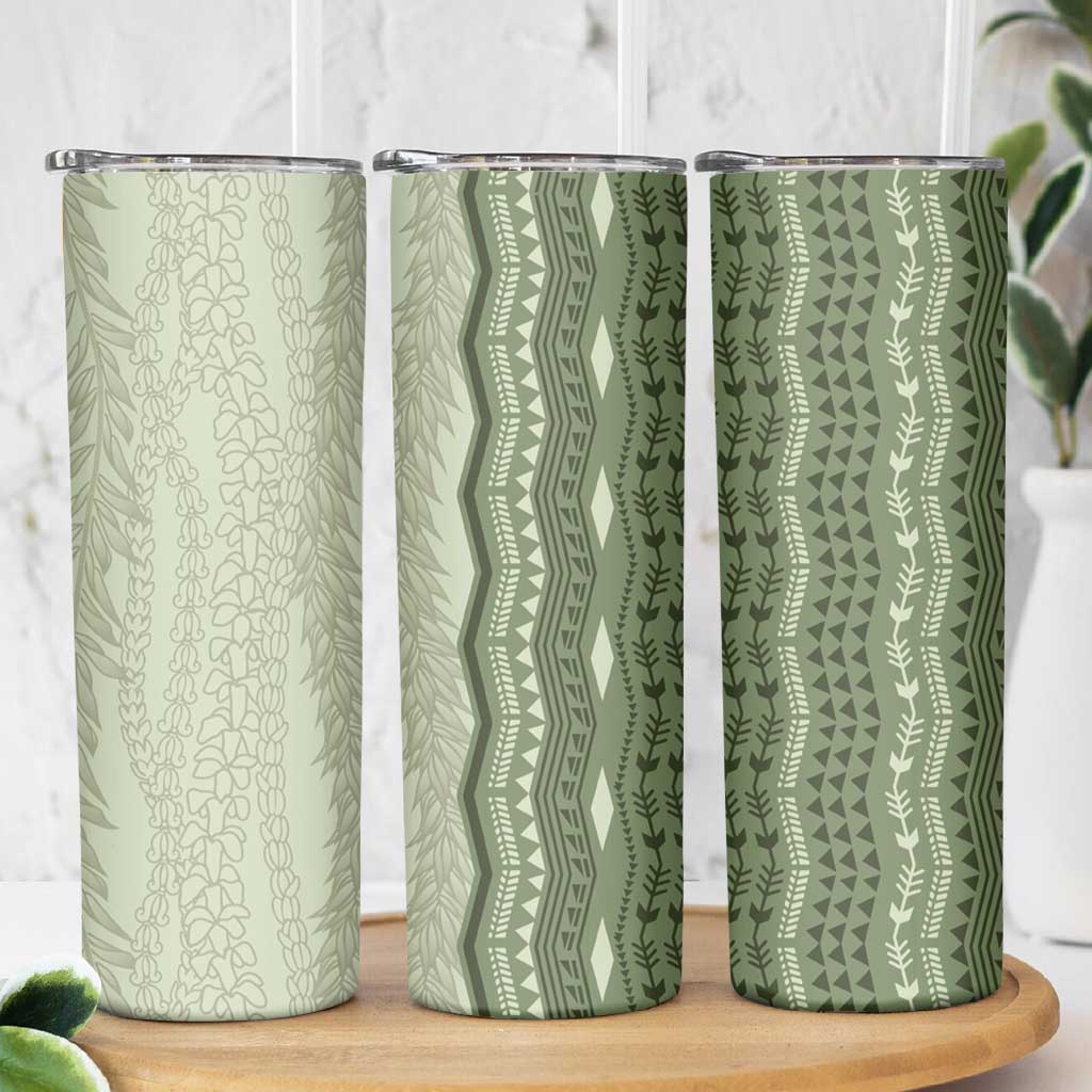 Vintage Sage Green Hawaiian Traditional Kapa Mix Flowers Lei Skinny Tumbler LT7 - Polynesian Pride