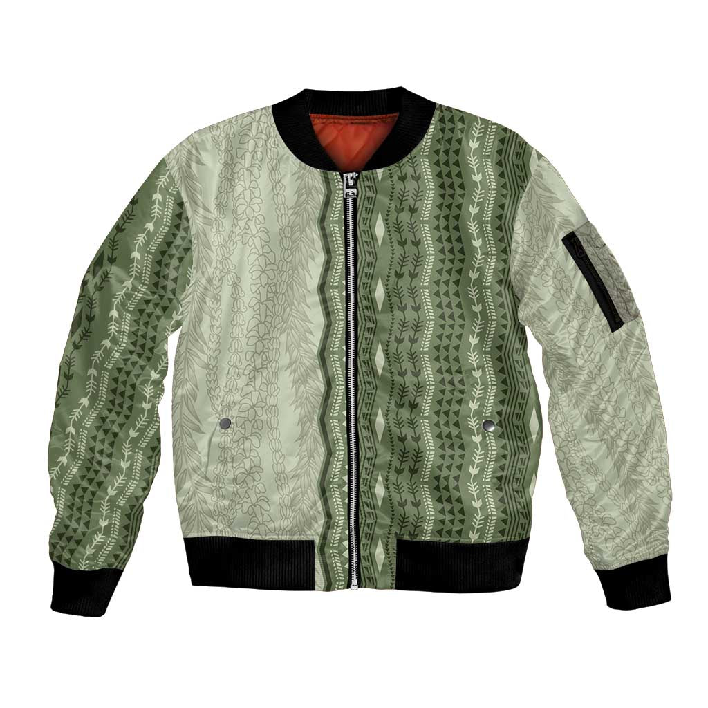Vintage Sage Green Hawaiian Traditional Kapa Mix Flowers Lei Sleeve Zip Bomber Jacket