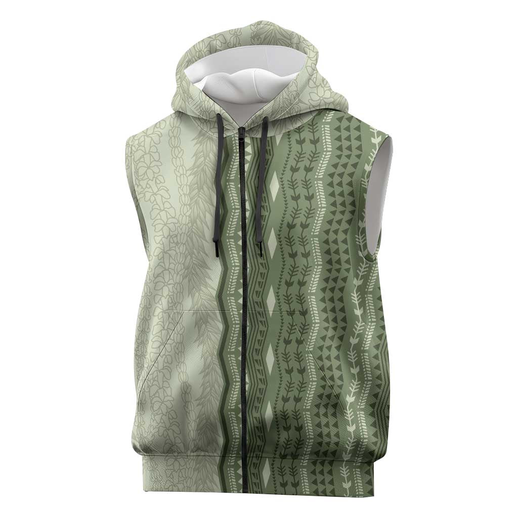 Vintage Sage Green Hawaiian Traditional Kapa Mix Flowers Lei Sleeveless Zip Hoodie