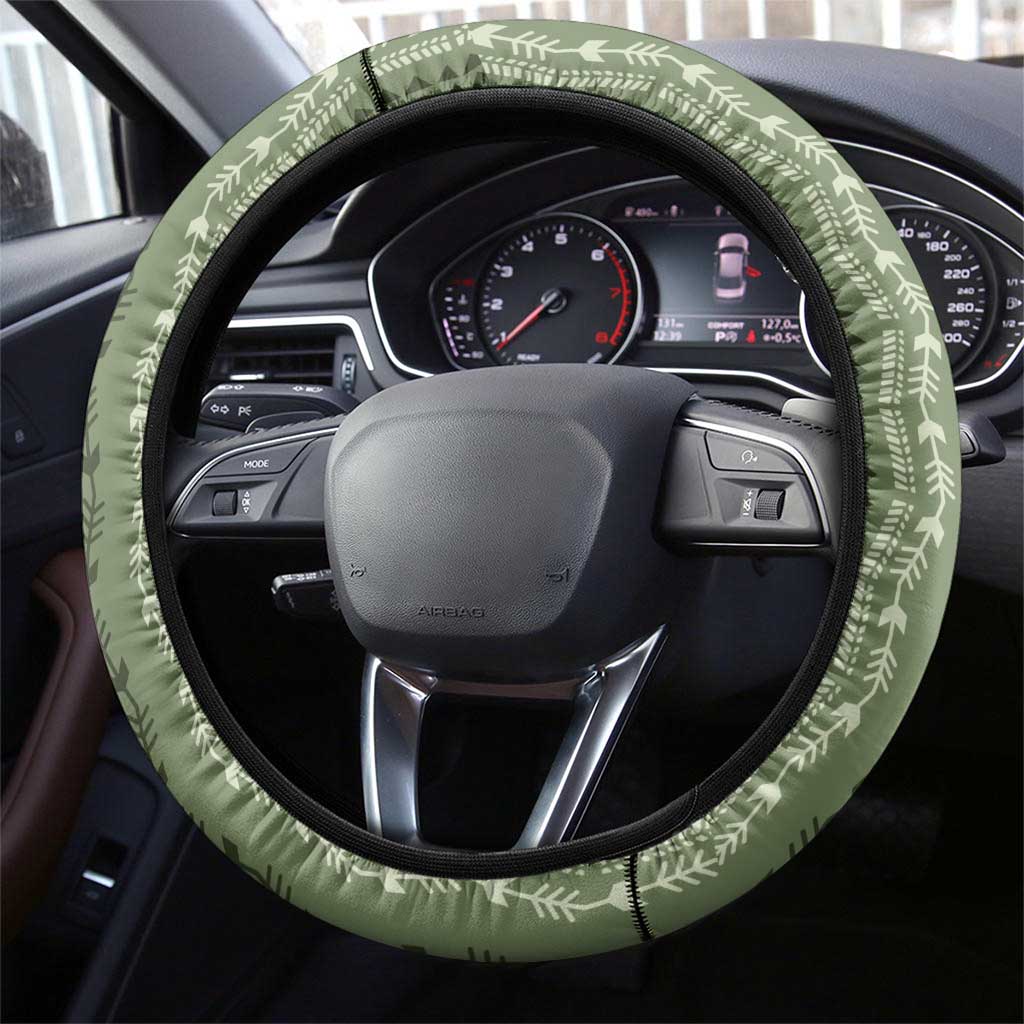 Vintage Sage Green Hawaiian Traditional Kapa Mix Flowers Lei Steering Wheel Cover