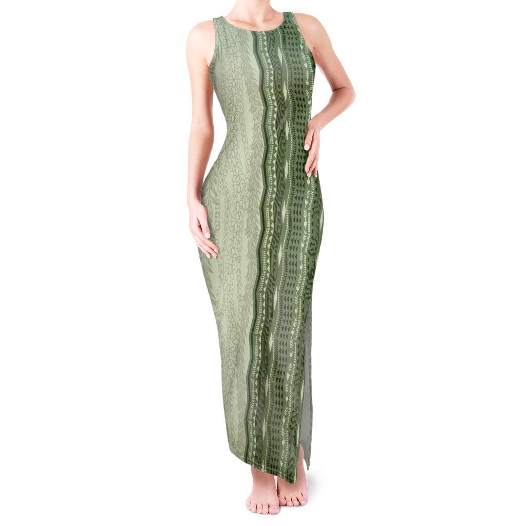 Vintage Sage Green Hawaiian Traditional Kapa Mix Flowers Lei Tank Maxi Dress