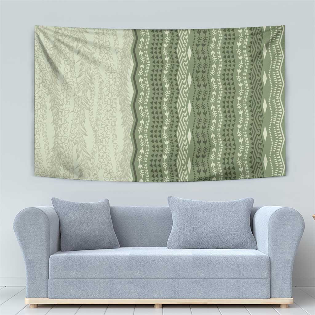 Vintage Sage Green Hawaiian Traditional Kapa Mix Flowers Lei Tapestry