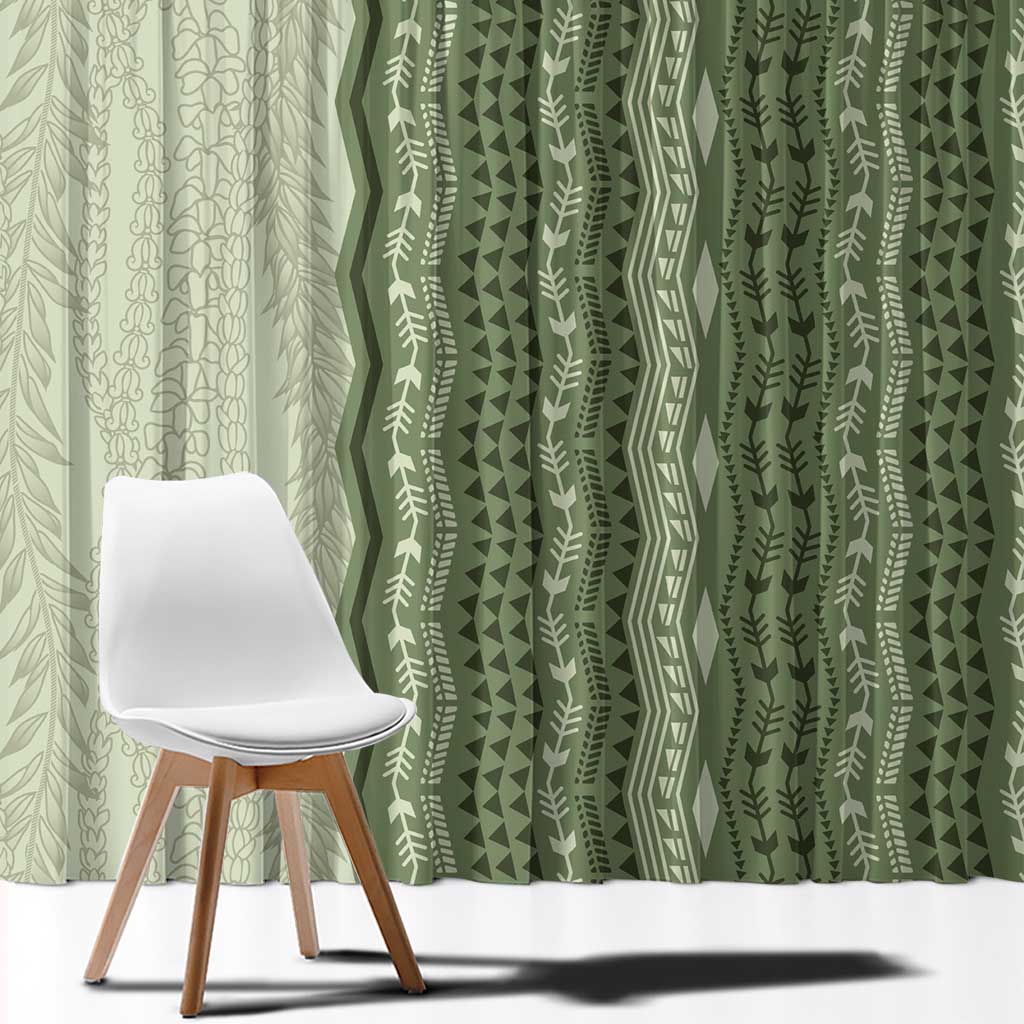 Vintage Sage Green Hawaiian Traditional Kapa Mix Flowers Lei Window Curtain