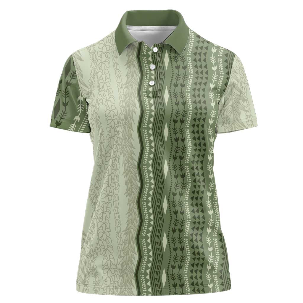 Vintage Sage Green Hawaiian Traditional Kapa Mix Flowers Lei Women Polo Shirt