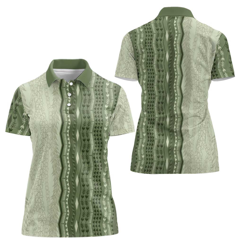 Vintage Sage Green Hawaiian Traditional Kapa Mix Flowers Lei Women Polo Shirt