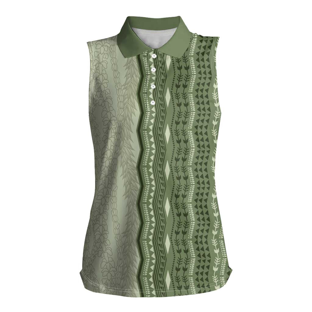 Vintage Sage Green Hawaiian Traditional Kapa Mix Flowers Lei Women Sleeveless Polo Shirt LT7 Female Sage Green - Polynesian Pride