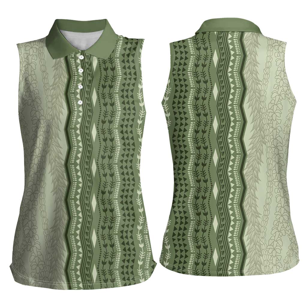 Vintage Sage Green Hawaiian Traditional Kapa Mix Flowers Lei Women Sleeveless Polo Shirt LT7 - Polynesian Pride