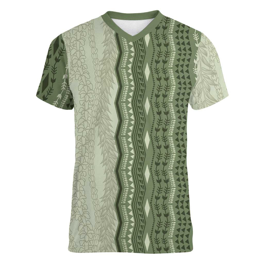 Vintage Sage Green Hawaiian Traditional Kapa Mix Flowers Lei Women V-Neck T-Shirt LT7 Female Sage Green - Polynesian Pride
