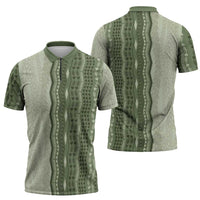 Vintage Sage Green Hawaiian Traditional Kapa Mix Flowers Lei Zipper Polo Shirt