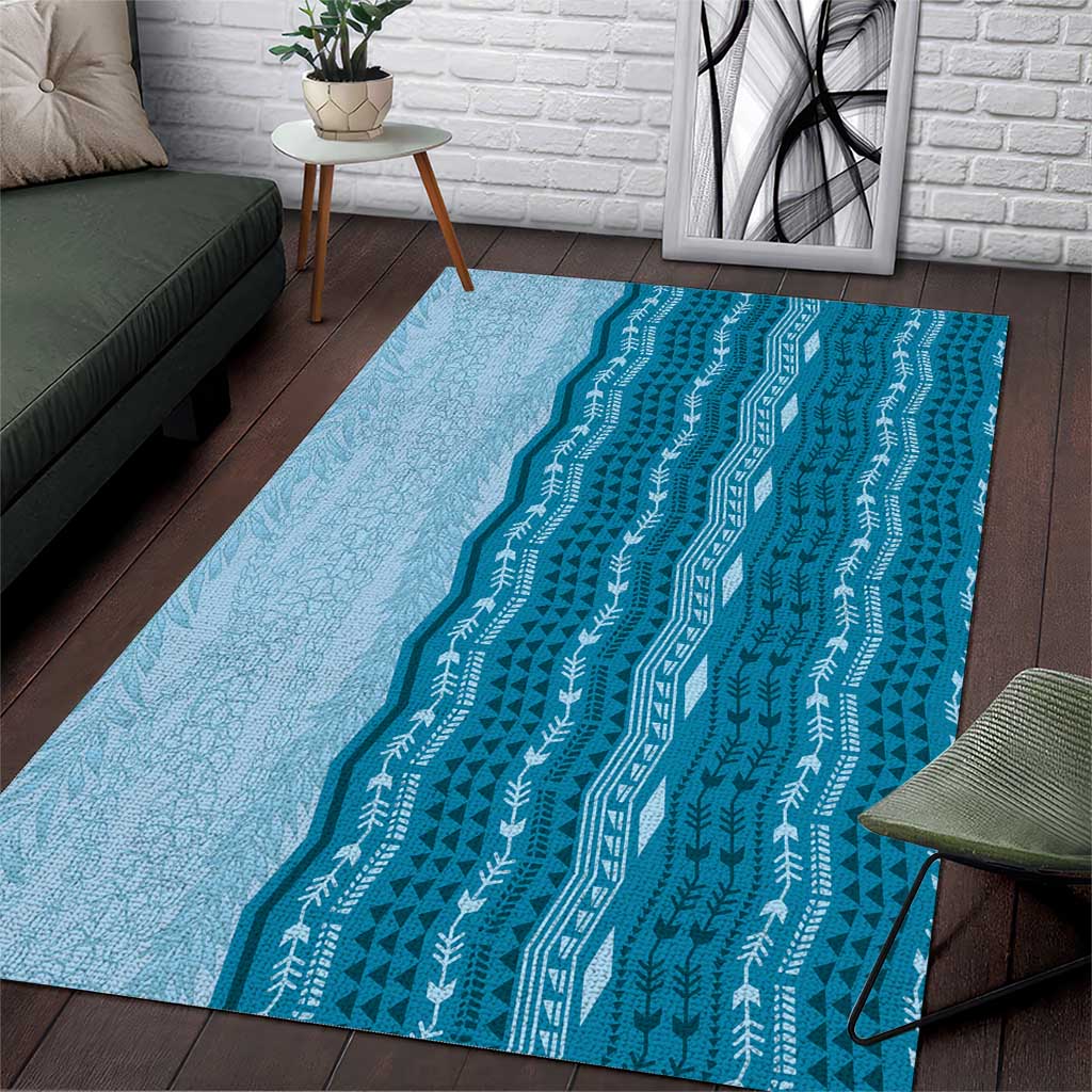 Vintage Cobalt Blue Hawaiian Traditional Kapa Mix Flowers Lei Area Rug