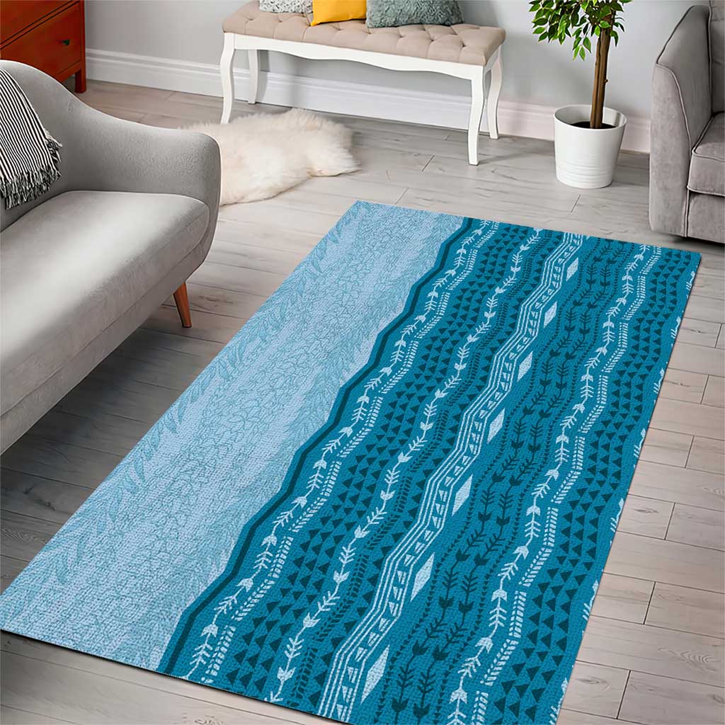 Vintage Cobalt Blue Hawaiian Traditional Kapa Mix Flowers Lei Area Rug