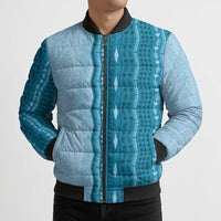 Vintage Cobalt Blue Hawaiian Traditional Kapa Mix Flowers Lei Bomber Puffer Jacket
