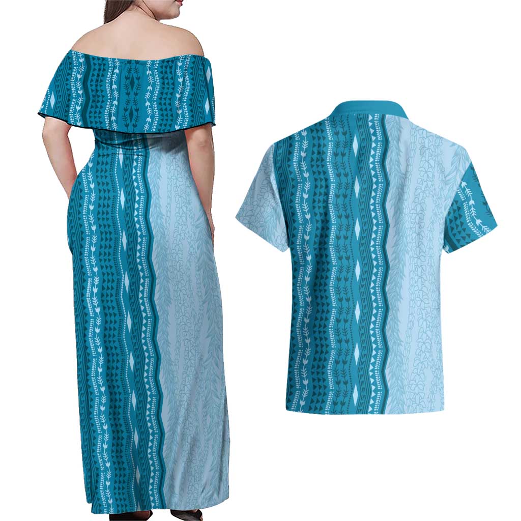 Vintage Cobalt Blue Hawaiian Traditional Kapa Mix Flowers Lei Couples Matching Off Shoulder Maxi Dress and Hawaiian Shirt LT7 - Polynesian Pride