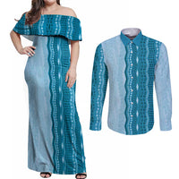 Vintage Cobalt Blue Hawaiian Traditional Kapa Mix Flowers Lei Couples Matching Off Shoulder Maxi Dress and Long Sleeve Button Shirt