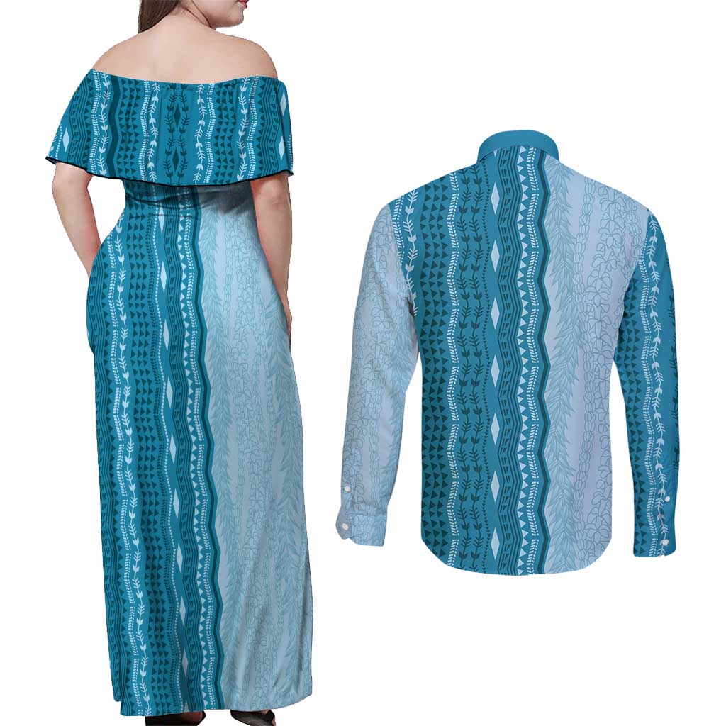 Vintage Cobalt Blue Hawaiian Traditional Kapa Mix Flowers Lei Couples Matching Off Shoulder Maxi Dress and Long Sleeve Button Shirt