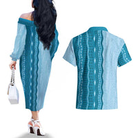 Vintage Cobalt Blue Hawaiian Traditional Kapa Mix Flowers Lei Couples Matching Off The Shoulder Long Sleeve Dress and Hawaiian Shirt LT7 - Polynesian Pride