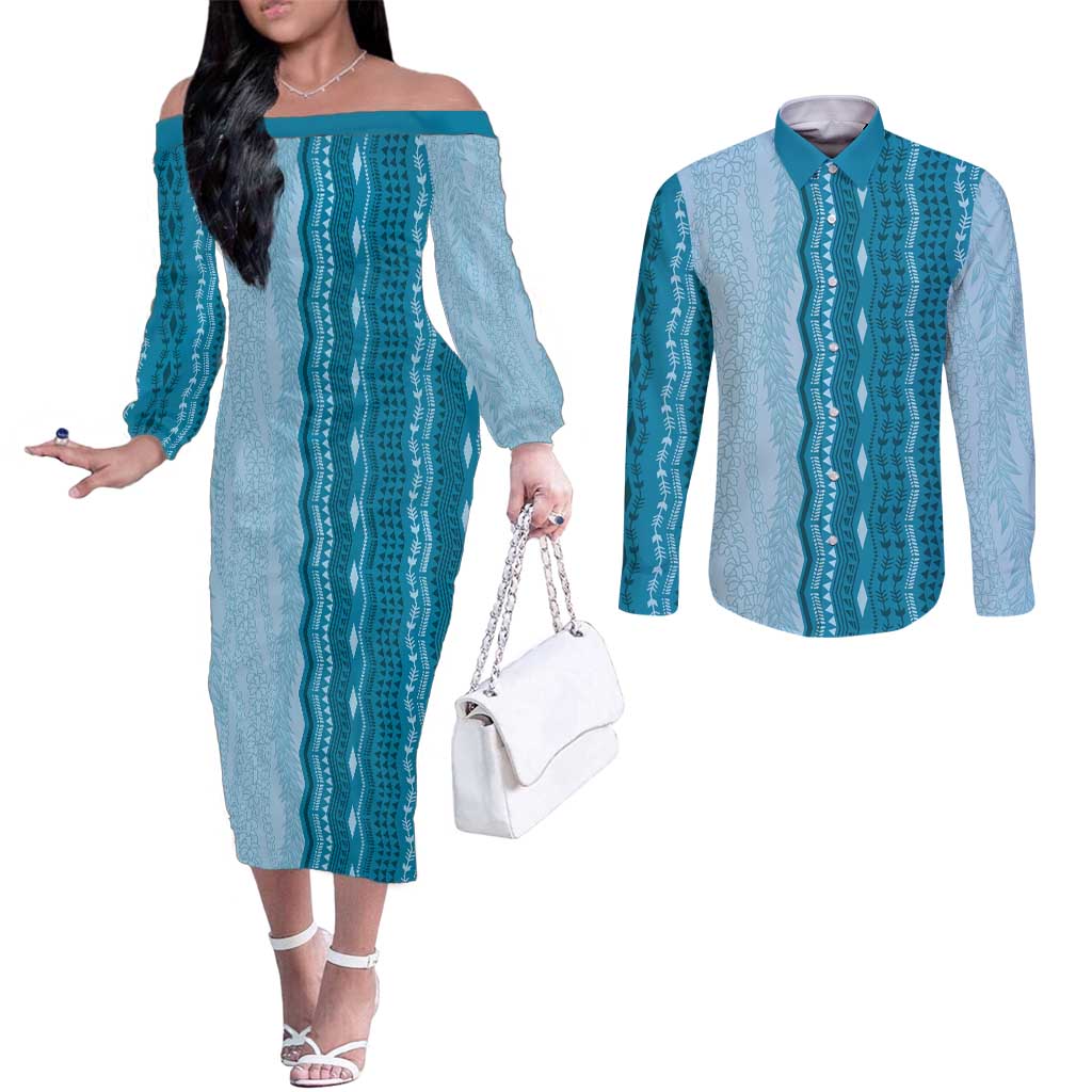 Vintage Cobalt Blue Hawaiian Traditional Kapa Mix Flowers Lei Couples Matching Off The Shoulder Long Sleeve Dress and Long Sleeve Button Shirt LT7 Cobalt Blue - Polynesian Pride