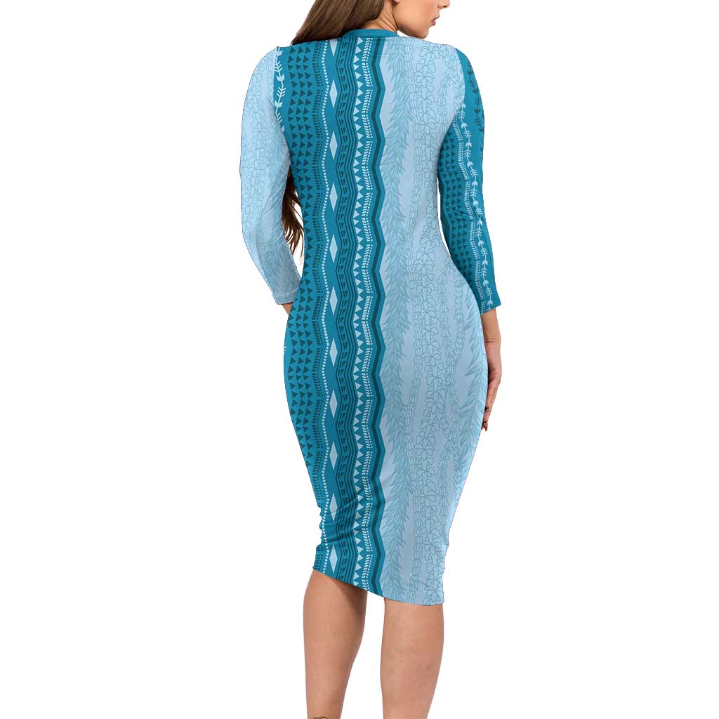 Vintage Cobalt Blue Hawaiian Traditional Kapa Mix Flowers Lei Family Matching Long Sleeve Bodycon Dress and Hawaiian Shirt LT7 - Polynesian Pride