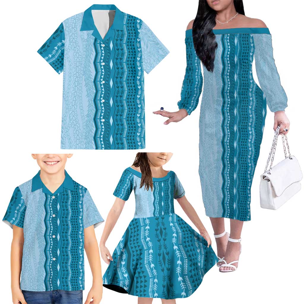 Vintage Cobalt Blue Hawaiian Traditional Kapa Mix Flowers Lei Family Matching Off The Shoulder Long Sleeve Dress and Hawaiian Shirt
