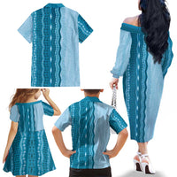 Vintage Cobalt Blue Hawaiian Traditional Kapa Mix Flowers Lei Family Matching Off The Shoulder Long Sleeve Dress and Hawaiian Shirt LT7 - Polynesian Pride