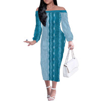Vintage Cobalt Blue Hawaiian Traditional Kapa Mix Flowers Lei Family Matching Off The Shoulder Long Sleeve Dress and Hawaiian Shirt LT7 Mom's Dress Cobalt Blue - Polynesian Pride