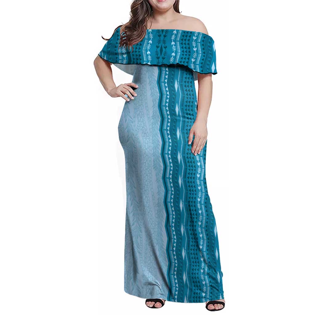 Vintage Cobalt Blue Hawaiian Traditional Kapa Mix Flowers Lei Family Matching Off Shoulder Maxi Dress and Hawaiian Shirt LT7 Mom's Dress Cobalt Blue - Polynesian Pride
