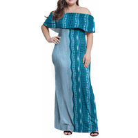 Vintage Cobalt Blue Hawaiian Traditional Kapa Mix Flowers Lei Family Matching Off Shoulder Maxi Dress and Hawaiian Shirt LT7 Mom's Dress Cobalt Blue - Polynesian Pride