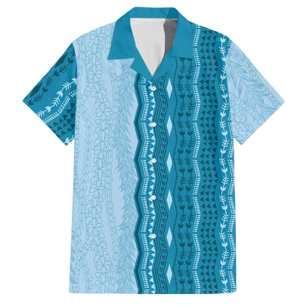 Vintage Cobalt Blue Hawaiian Traditional Kapa Mix Flowers Lei Family Matching Off Shoulder Short Dress and Hawaiian Shirt LT7 Dad's Shirt - Short Sleeve Cobalt Blue - Polynesian Pride