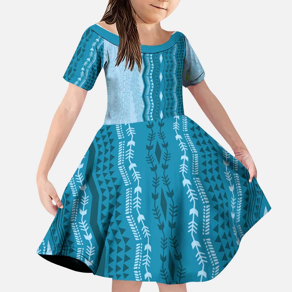 Vintage Cobalt Blue Hawaiian Traditional Kapa Mix Flowers Lei Family Matching Summer Maxi Dress and Hawaiian Shirt LT7 Daughter's Dress Cobalt Blue - Polynesian Pride
